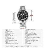BD Men Silver Stainless Steel Strap Watch - PD-1701 Speedmaster Moonwatch Men's 40mm Seiko VK63 Chronograph Quartz Watch Sapphire Crystal 100m Waterproof Luminous Watch